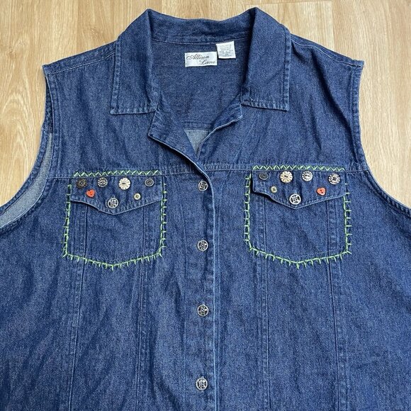 ALLISON LANE DENIM VEST BUTTON UP EMBROIDERED BUTTONS BLUE JEAN SUMMER SIZE 2X - Picture 3 of 8